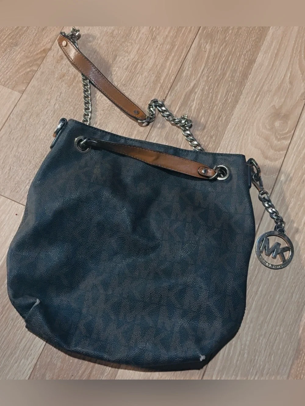 Michael Kors Black Signature MK Bucket Shoulder Bag with Brown Trim